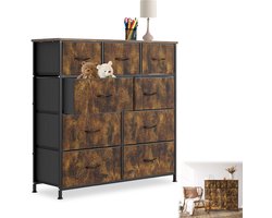 Commode met laden, sideboard, 9 stoffen laden met handgrepen, comodenkast, ladekast, stoffen commode, ladekast, metalen frame voor slaapkamer, woonkamer, hal, kantoor, retrobruin