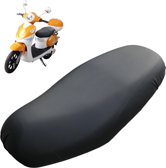 Zwarte zadelhoes naast een oranje en witte scooter.