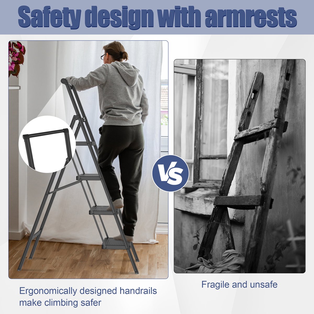 NAIZY Trapladder 4 Treden Inklapbare Ladder Vouwladder, Huishoudladder, Opstapje met Leuningen & 30x20cm Brede Treeplank tot 250KG Belastbaar, Zwart – foto 2
