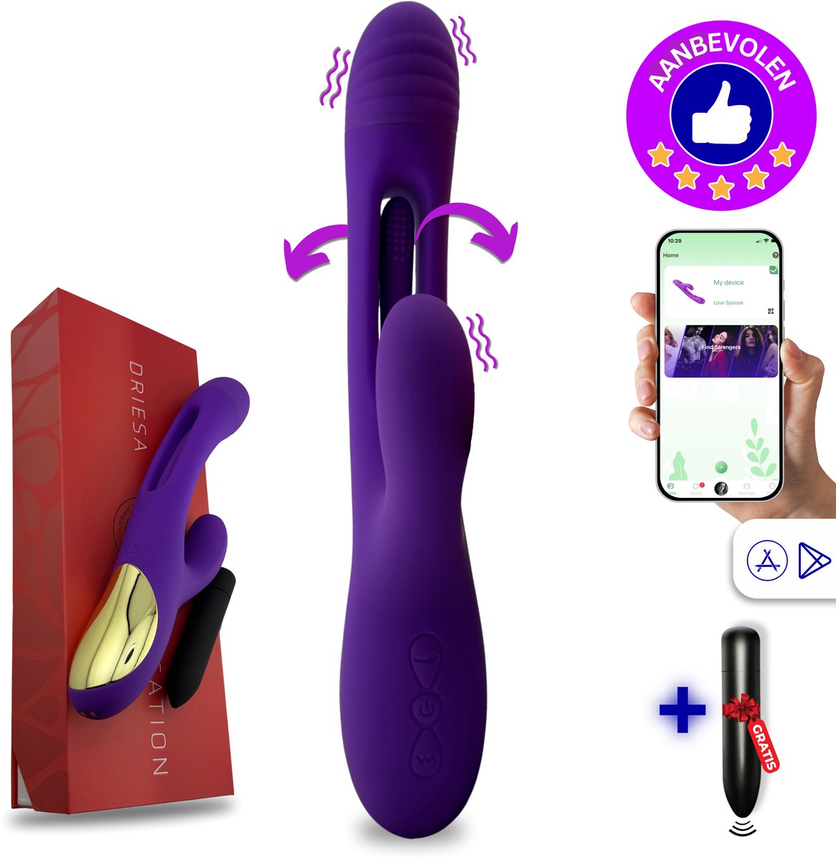Bol.com SlipperyHeights® Driesa 3-in-1 Rabbit Vibrator voor Vrouwen met App – G Spot & Clitoris Stimulator – 21 Standen – Inclus... aanbieding