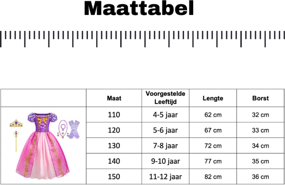 Joya Kids® Roze Prinsessenjurk meisje Korte Mouw | Verkleedjurken meisjes | Prinses jurk Meisje Roze en Paars | Met Kroon, Toverstaf, Handschoenen en Sieraden | Maat 120 — afbeelding 4