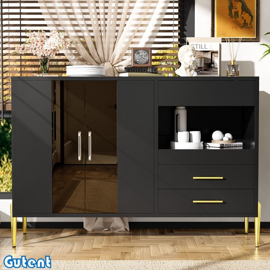 Gutent Dressoir - Deuren van groenblauw glas- Handgreep van kristalacryl- Poten van gegalvaniseerd goudijzer- Zwarte romp