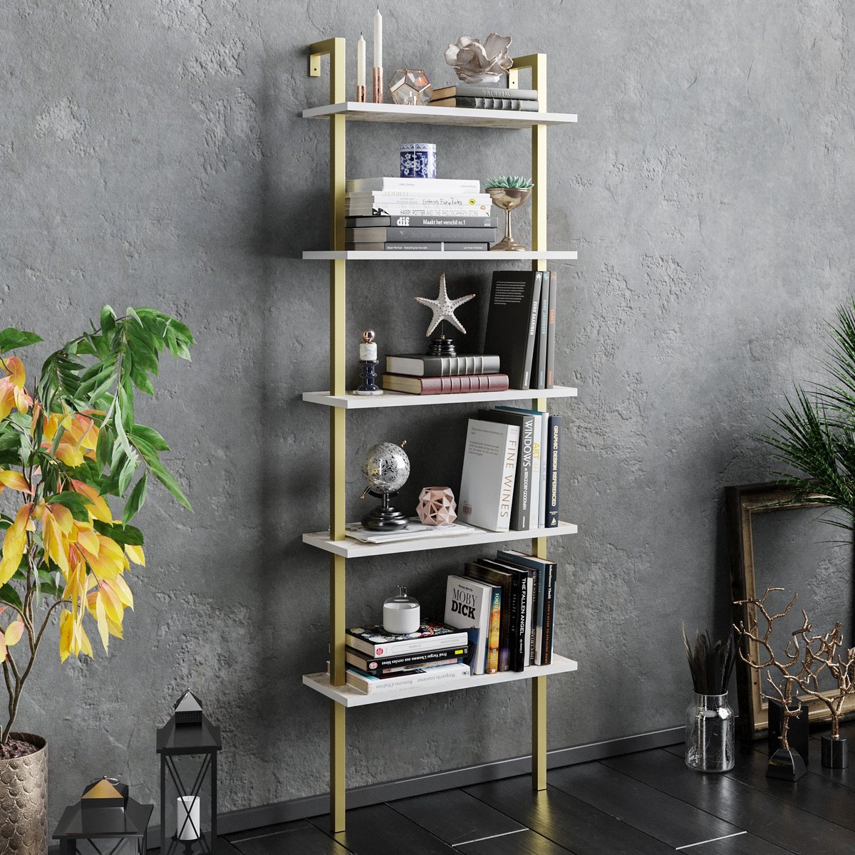 Skye Decor , Boekenkast, Piante - White, Gold, Gemelamineerde spaanplaat, Wit & Goud, 60 x 22 x 174 cm