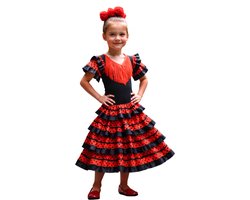 foto van Joya Kids® Spaanse Flamenco Verkleedjurk Meisjes | Zwart Rood Stippen Jurk | Kinderjurk Meisje | Zomer Verkleed Spaanse Jurk | Maat 120