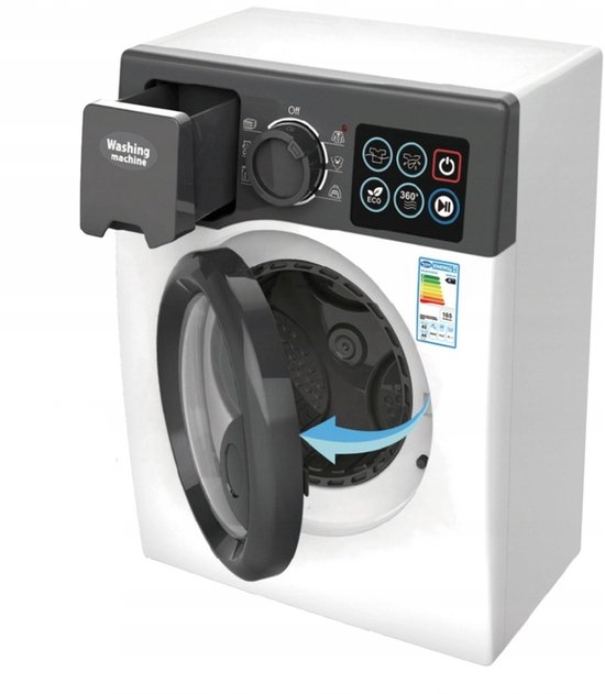 Witte speelgoed wasmachine met open deur en uittrekbare lade. Grijze bedieningspaneel met licht- en geluidsfuncties.