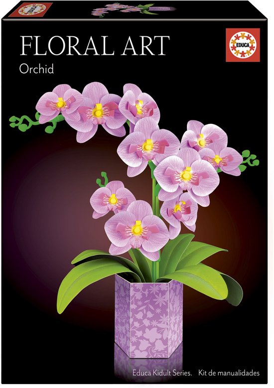 Boîte "Floral Art Orchid" avec une orchidée violette aux fleurs roses et pistils jaunes.