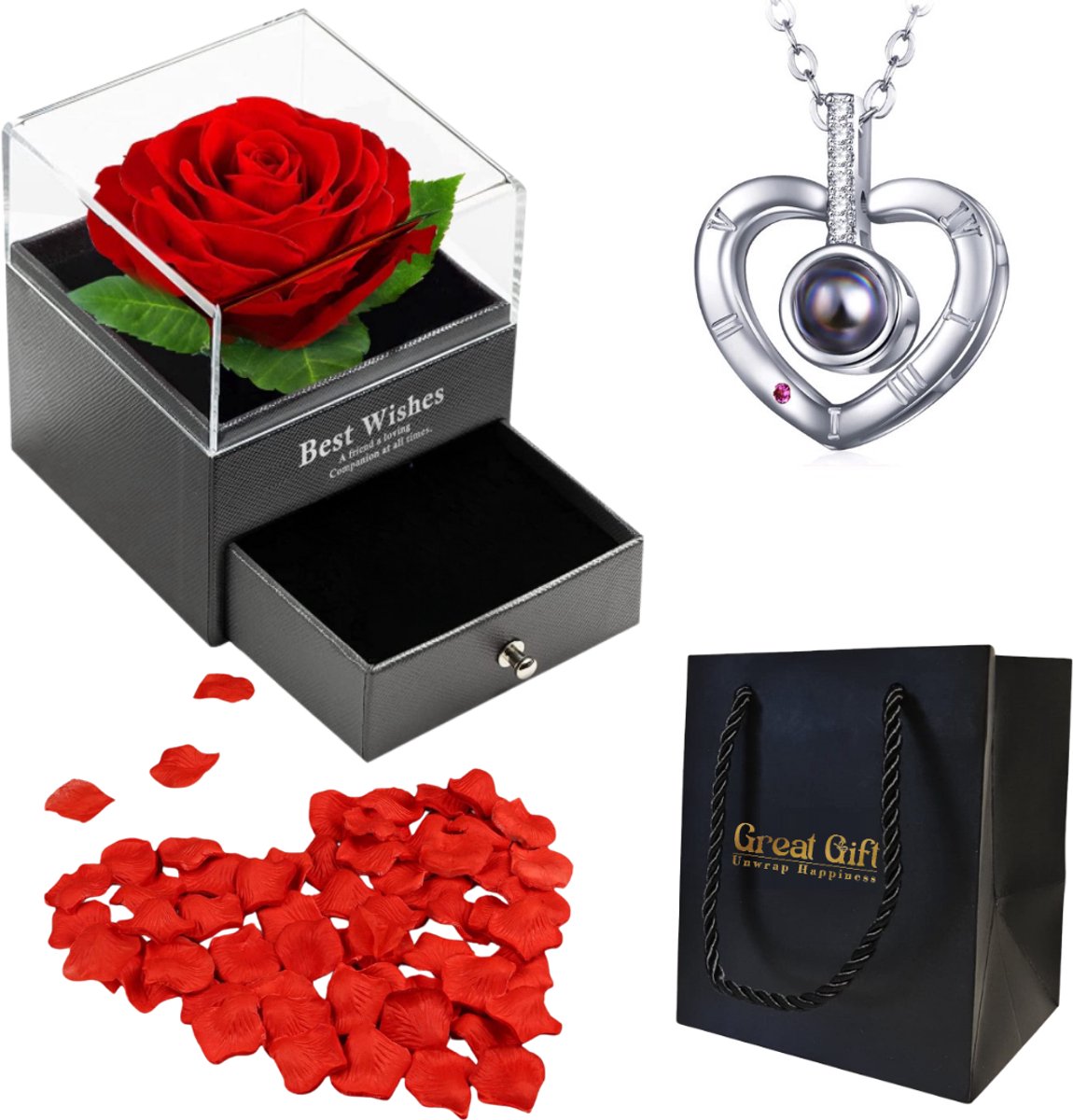 GreatGift - Roos in Luxe Giftbox met Ketting - Moederdag 2025 - Uniek Cadeau- Sieradendoos met Rode Roos - Zilverkleurige Hartjes Ketting - 100 Rozenblaadjes - Romantisch Cadeau - Valentijn - Moederdag- Cadeau voor vrouw