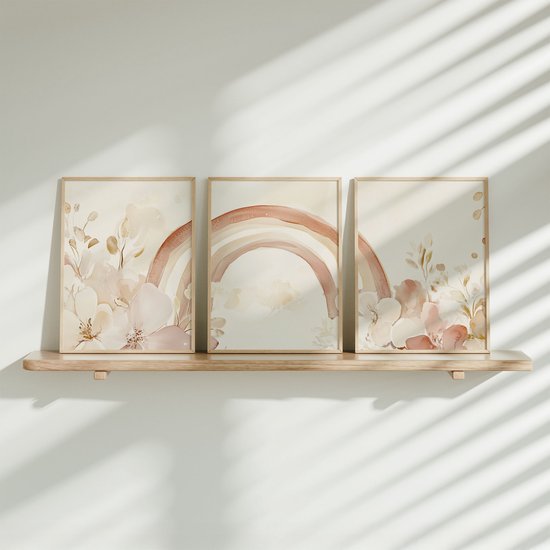 FineArtia - Arc-en-ciel magique et Fleurs style aquarelle pastel - Set de 3 affiches - 30 x 40 cm - Chambre de bébé de fille - Chambre d'enfant - Cadeau de naissance - Décoration murale - Affiche pour enfant - Sans cadre