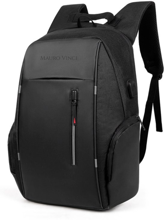 Rugzak zwart met veel vakken Mauro Vinci® - reflecterend - 28 liter - met 15,6inch laptopvak - zwarte rugzak voor heren en dames Motion met USB oplaadpoort- waterafstotend - waterdicht