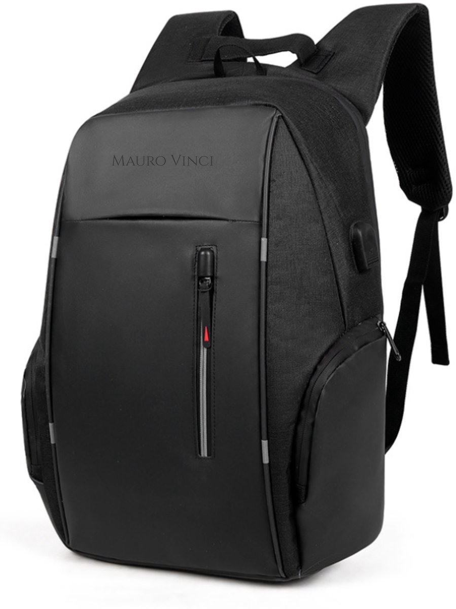 Rugzak Heren zwart 28L – Laptop Rugzak 15.6 Inch – Waterdichte Backpack met USB & Slot – Anti Diefstal – Schooltas & Werk Rugzak – Heren & Dames – Zwart Mauro Vinci® Motion