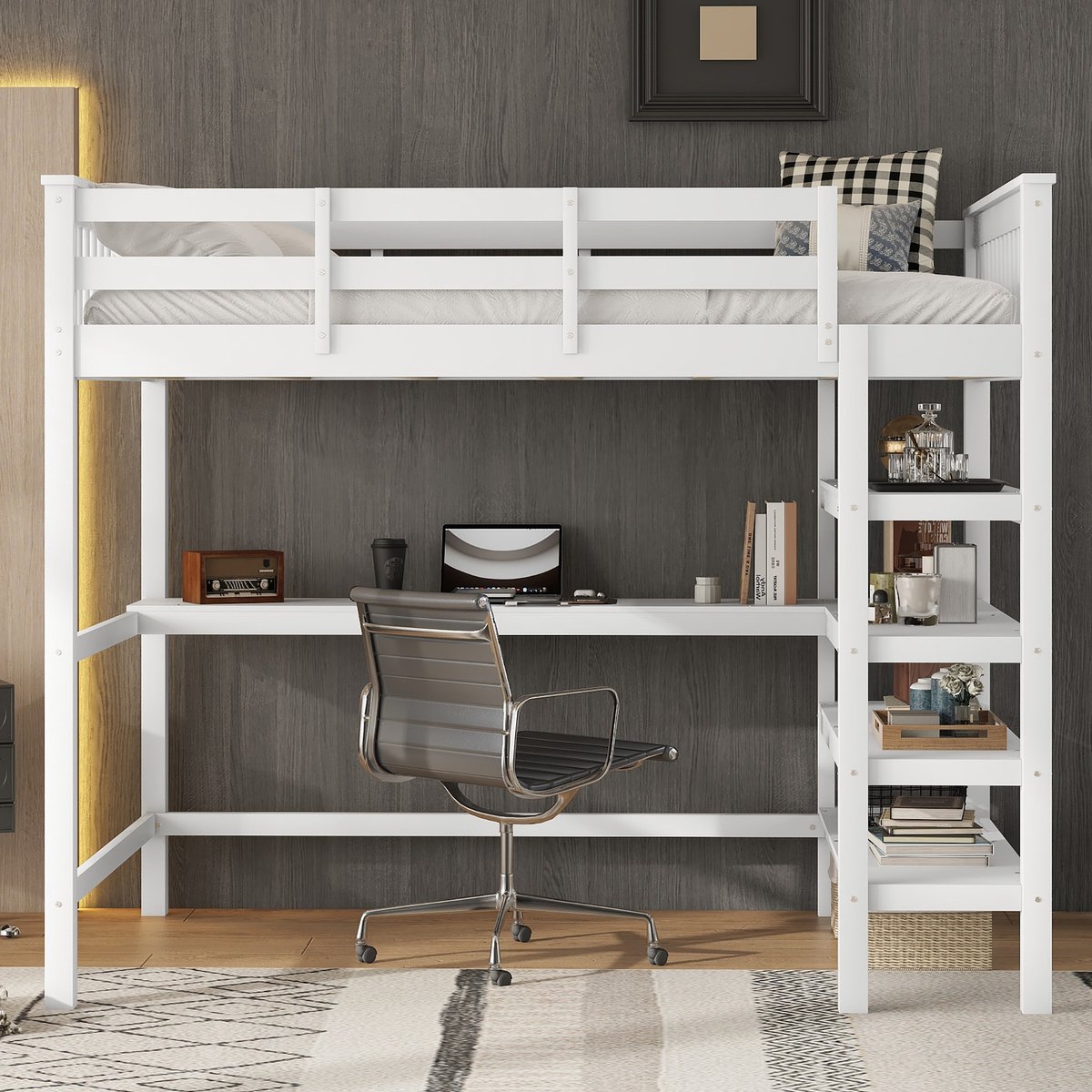 Hoogslaper - 140 x 200 - Kinderhoogslaper met opbergvakken en bureau onder het bed - Zonder matras - Wit