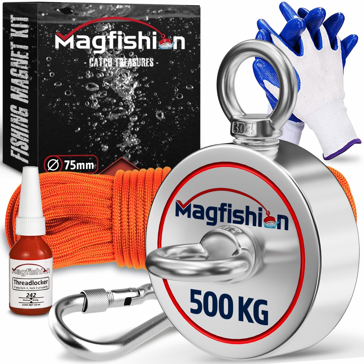 Magfishion Magneetvissen Set 500KG - Vismagneet - 20 Meter Lang Touw + Karabijnhaak met Schroefsluiting - Handschoenen - Borgmiddel - Magneetvissen Starterspakket - Magneet Vissen - Outdoor - Magneetvissen Kinderen