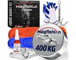 Magfishion Magneetvissen MEGA Set 400 KG - Vismagneet - 2x Touw + Karabijnhaak met Schroefsluiting - Dreghaak - Handschoenen - Borgmiddel - Magneet Vissen - Outdoor - Magneetvissen Kinderen