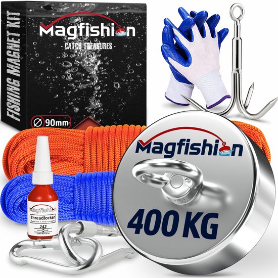 Magfishion Magneetvissen MEGA Set 400 KG - Vismagneet - 2x Touw + Karabijnhaak met Schroefsluiting - Dreghaak - Handschoenen - Borgmiddel - Magneet Vissen - Outdoor - Magneetvissen Kinderen