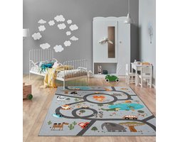 the carpet Happy Life Kinderkamer, kindertapijt, speeltapijt, wasbaar, dieren, jungle, auto, grijs met safari motief 80 x 150 cm