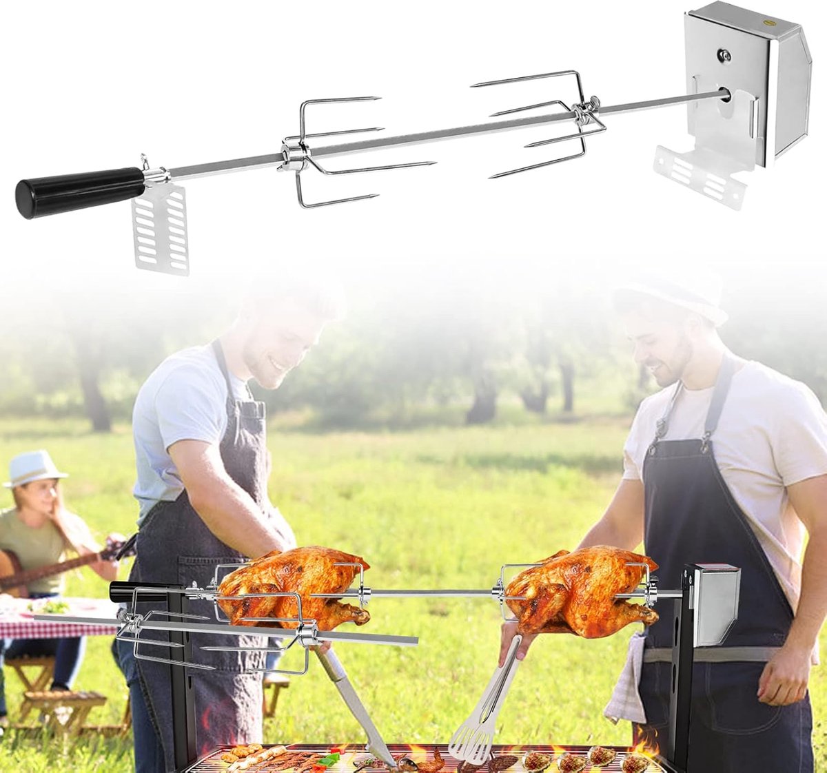 Aufun Grillspiesenset van roestvrij staal 107cm BBQ-vleesklem met motor inclusief 2 vleesnaalden, 220V - 240V, elektrische draaispit, draaispit