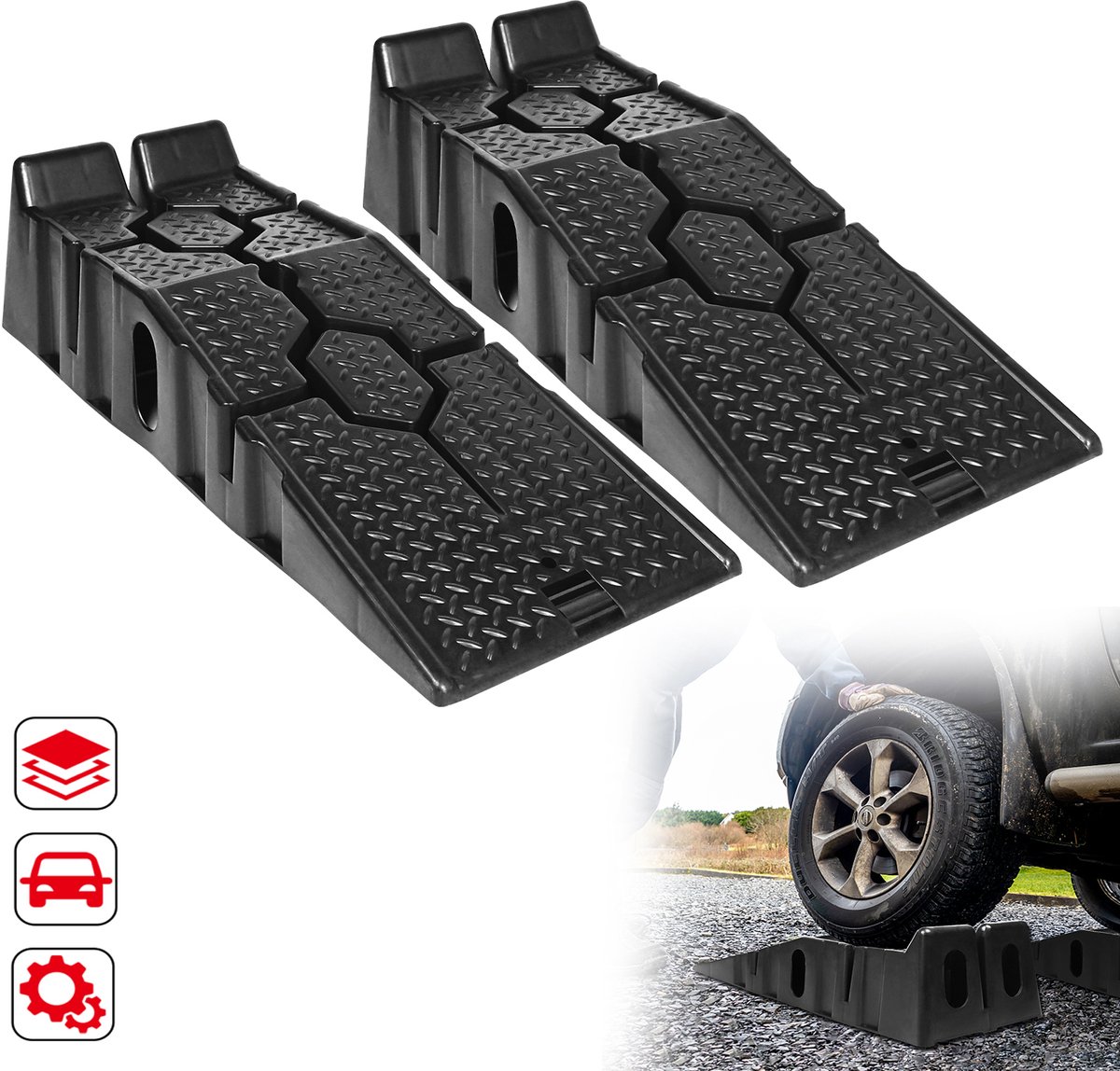 Froadp 2 x auto kunststof oprijplaat zware belasting hefbruggen oprijplaten auto oprijplaat kunststof helling met overrijbeveiliging B 330 mm max. 2500 kg per paar opritplaten 90 * 33 * 22cm