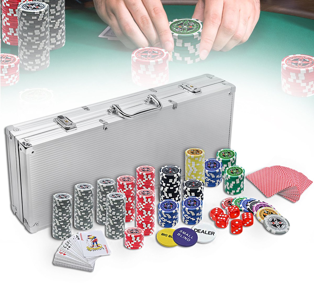 Aufun Pokerkoffer, Pokersets Met Aluminium Koffer, 500 Laserpokerfiches, Professioneel Pokerspel, Inclusief 2 Pokerdecks, 5 Dobbelstenen, 3 Dealerknoppen (Zilver)