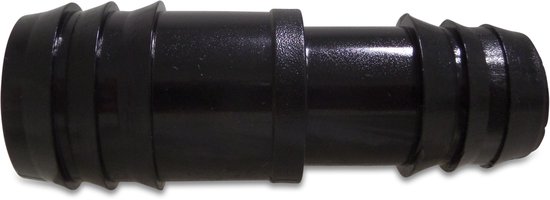 Zwarte Deltafix verloopkoppeling van 25 mm naar 20 mm met ribbels voor slangbevestiging.