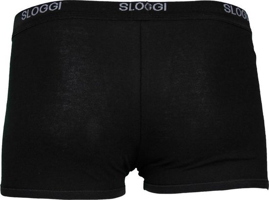 Achterkant van een zwarte Sloggi Basic short met grijze tailleband met Sloggi-logo.