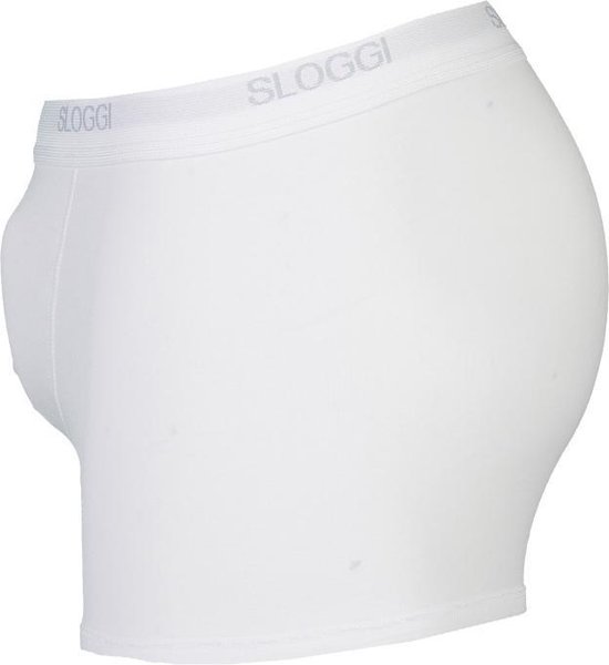 Zijzicht van een witte Sloggi boxershort met grijze logo-tailleband.