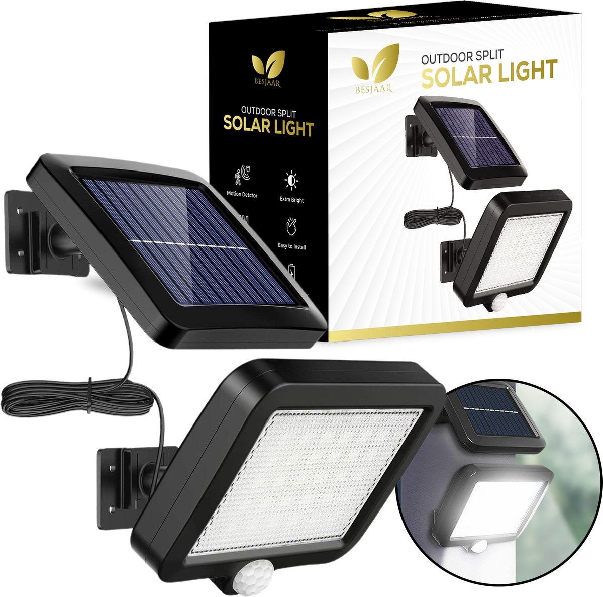 Besjaar Solar Buitenverlichting - Buitenlamp met Bewegingssensor - Wandlamp Tuinverlichting - IP65 Waterdicht - 1000 Lumen - 5m Kabel