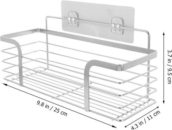 Roestvrijstalen doucherek met afmetingen van 25 cm lengte, 11 cm breedte en 9,5 cm hoogte, met zelfklevende bevestiging.