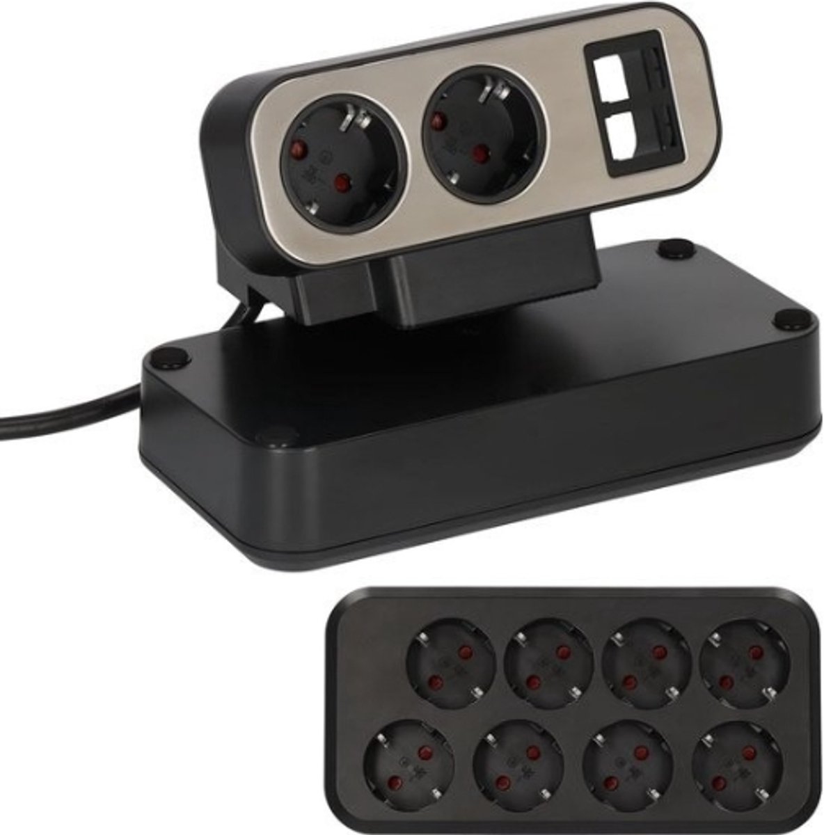 StayPowered tafelstekkerdoos - Ultieme stroomvoorziening voor je werkplek - Innovatief ontwerp - Verlichte veiligheidsschakelaar - 10 geaarde stopcontacten - Roestvrij staal - 2 m kabel - Antislippads - Zilver/Zwart - Levering Sneller dan Aangegeven!