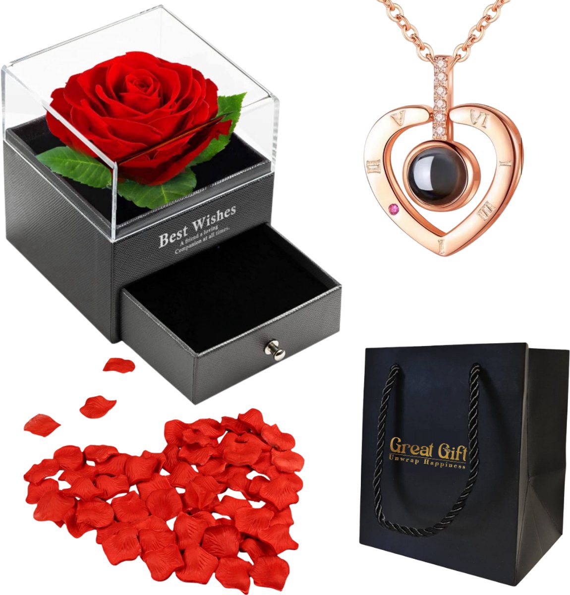 Roos in Luxe Giftbox met Ketting - Moederdag - Goudkleurige Hartjes Ketting - met 100 Rozenblaadjes - Romantisch Cadeau - Valentijn - Sieradendoos met Rode Roos - Cadeau voor vrouw