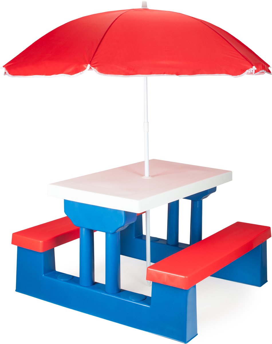 COIL blauwe kinderpicknicktafel met banken en parasol, UV-bescherming