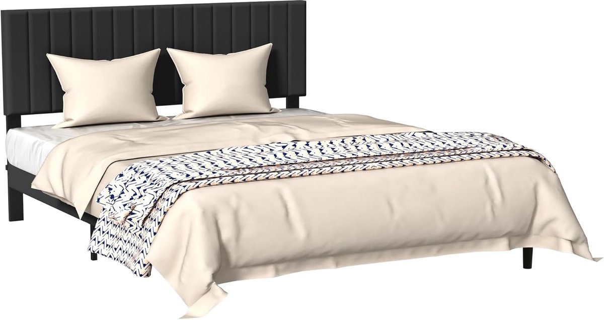 Aufun bedframe – zwart – 160x200 cm – met fluwelen hoofdeinde – knopenlook – houten lattenbodem – tweepersoonsbed – modern design