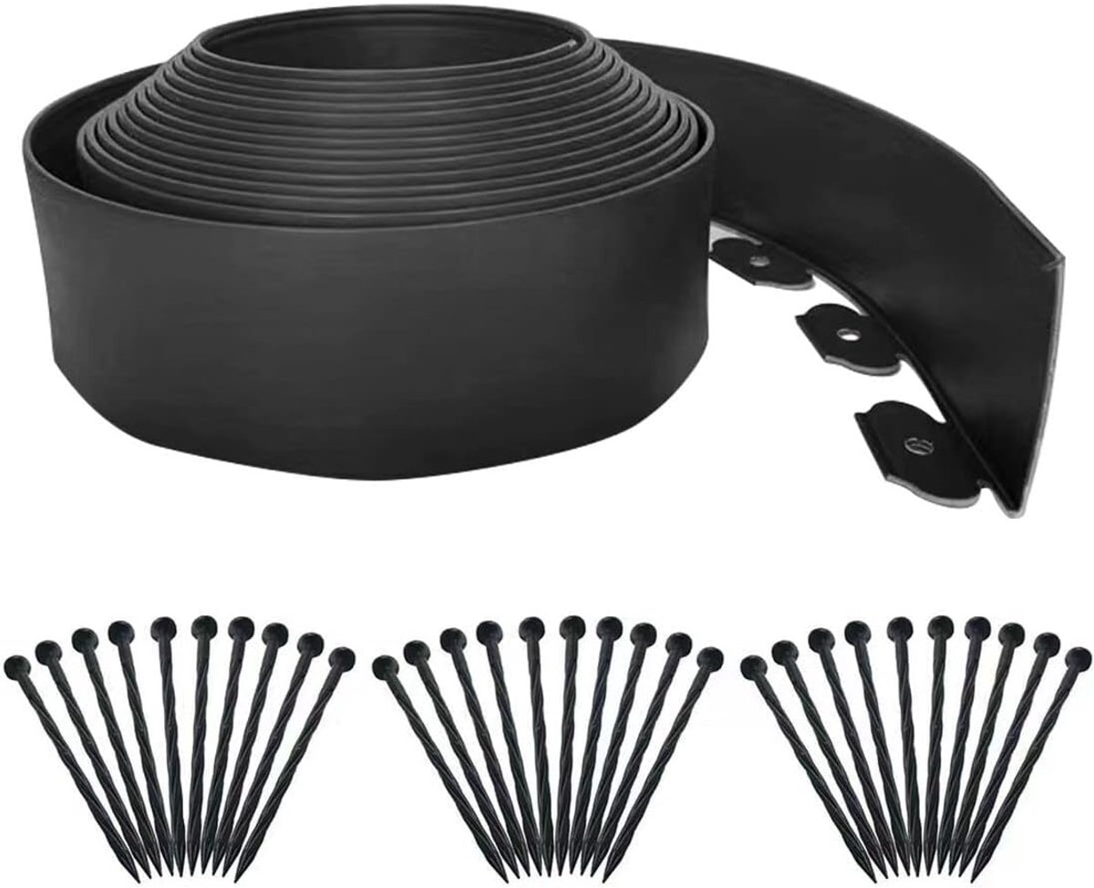 Borderrand op rol - Gazonrand, perkrand - Tuinranden zonder graven, 10 M x 10 CM x 3 mm flexibele gazonrandset met 30 palen, mini-kunststof hek voor bloemperken in de tuin, gras - zwart