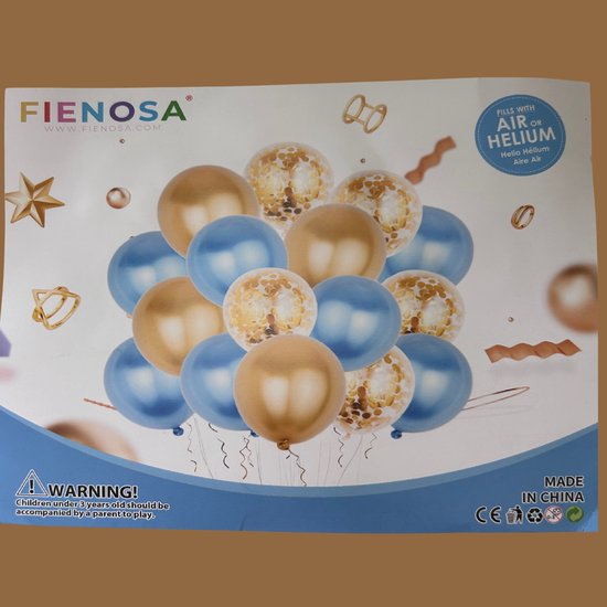 Fienosa ballonnen set met goudkleurige, blauwe en confetti ballonnen. Waarschuwing: niet voor kinderen onder 3 jaar.