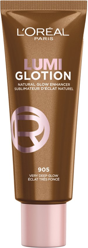 Een tube L'Oréal Lumi Glotion 905 Very Deep Glow met een roze dop.