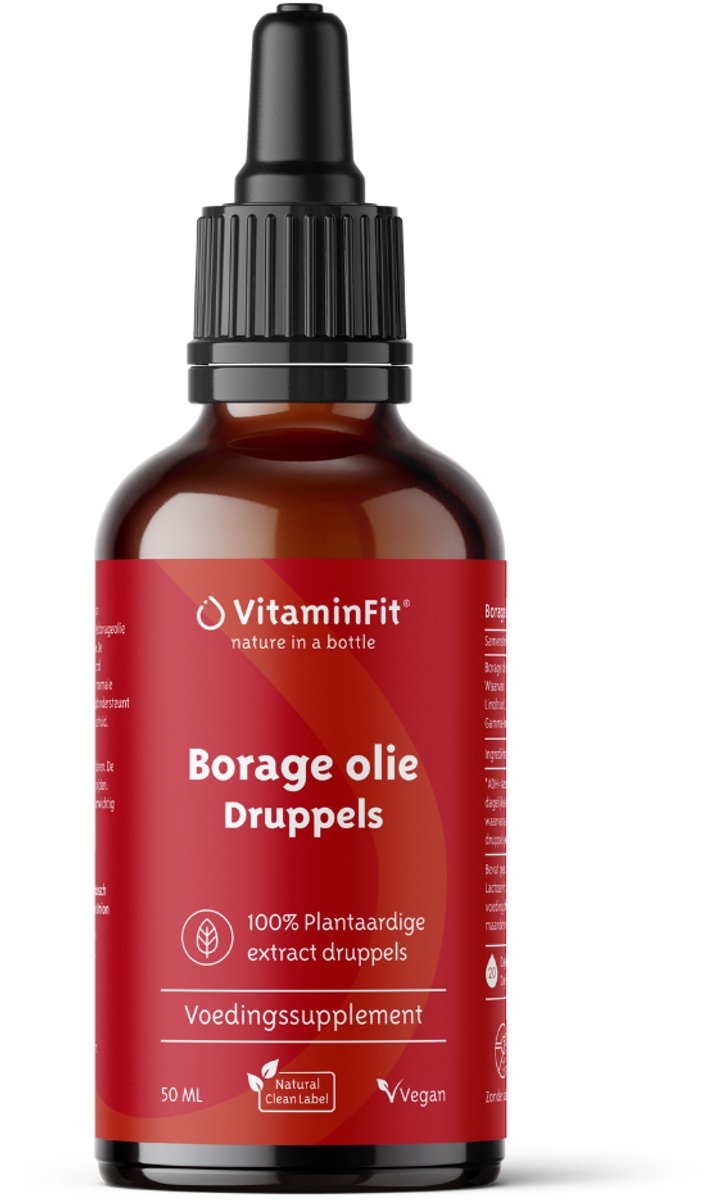 Goedkoopste VitaminFit Borage Olie Druppels - 100 Natuurlijk & Plantaardig - 50 ML - Hormoonhuishouding & Huid