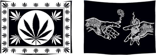 Ulticool - Tapisserie - Weed Hands Cannabis Nature - Set de 2 motifs - 73 cm x 95 cm - Peinture Tissu Tapisserie - Poster Art - Zwart Wit