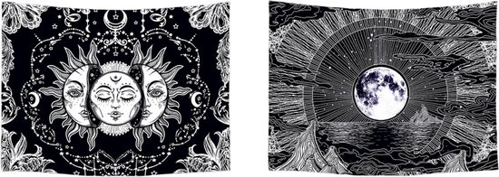 Decoratie Versiering - Ulticool Wandkleed Set van 2 – Maan Sterrenhemel Natuur Bohemian – Met Bevestigingspinnen - voor Binnen - Wandtapijt Posters Wanddoek Tarot Kaarten Heks Boho Zwart Aesthetic Room Decor - Idee Tiener Meisje