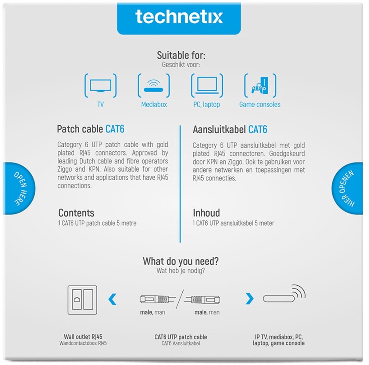 Technetix Cat6 netwerkkabel 5 meter wit Ziggo en KPN geschikt