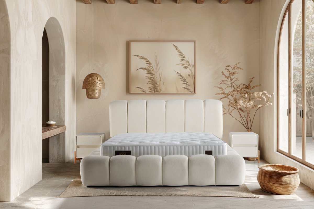 Nessa® 180x200 - Opbergruimte Boxspring Idol | Crémé Bouclé/Teddy Gestoffeerd - Inclusief 25cm Dik Orthopedisch 7-zones Pocketvering Matras