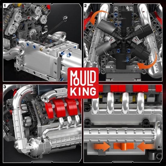 Vier close-up afbeeldingen van de Mould King V8 motor, die de mechanische details en bewegende onderdelen tonen.