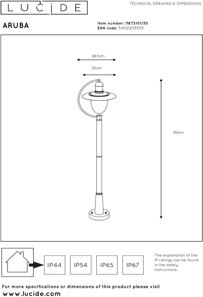 Lucide Aruba - Lantaarnpaal - Ø 25 cm - 1xE27 - IP44 - Zwart