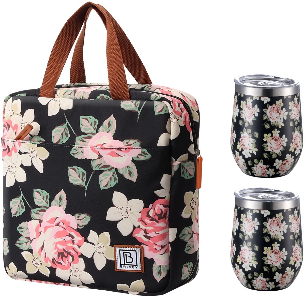 Brisby Koeltas 7L Bloemen + 2 Brisby Thermosbekers Black Flower – Complete Lunch-set voor Onderweg!