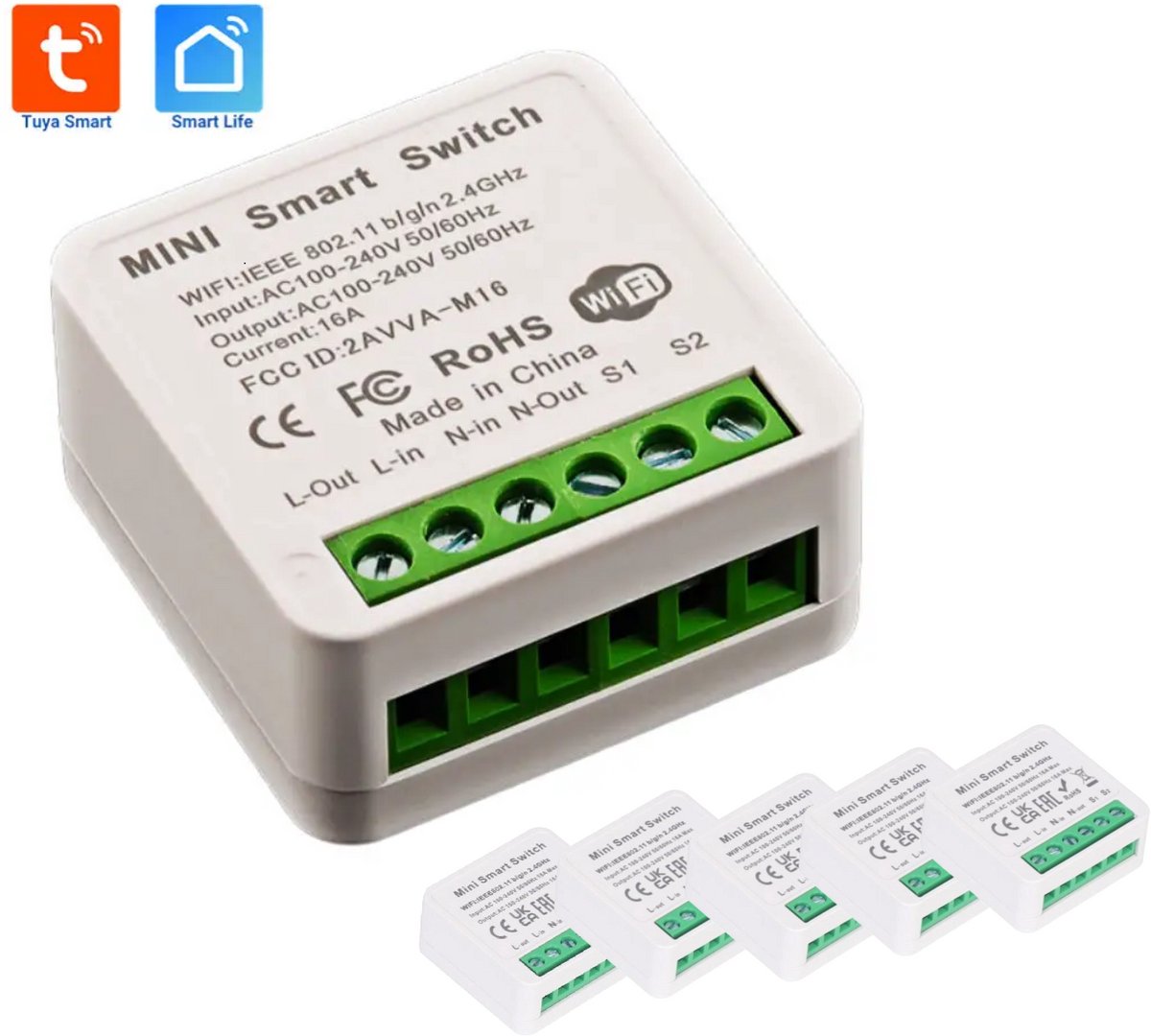 Navid - Mini Smart Switch - Slimme WiFi / RF Inbouwschakelaar - 16A - 5 Stuks