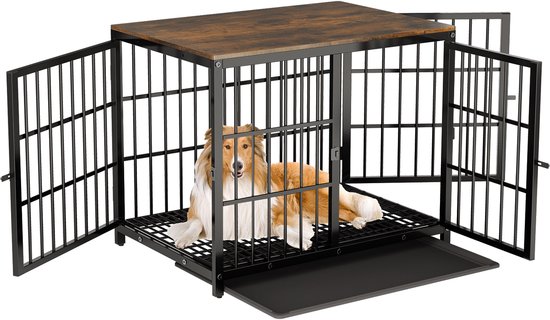 Bingopaw Houten Hondenkrat Binnen - Meubel Stijl Huisdierkooi - Huisdier Kennel - met Drie Deuren en Uitneembare Lade voor Middel Grote Honden Zwart - L - 91.5x63.5x74.5cm