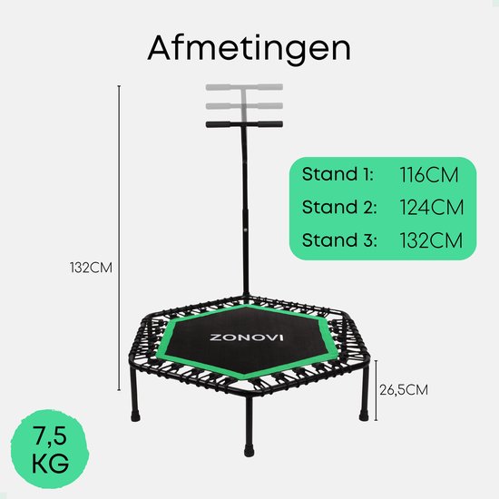 Zwart-groene trampoline met handvat en afmetingen: 132cm hoogte, 26,5cm diameter, 7,5kg.