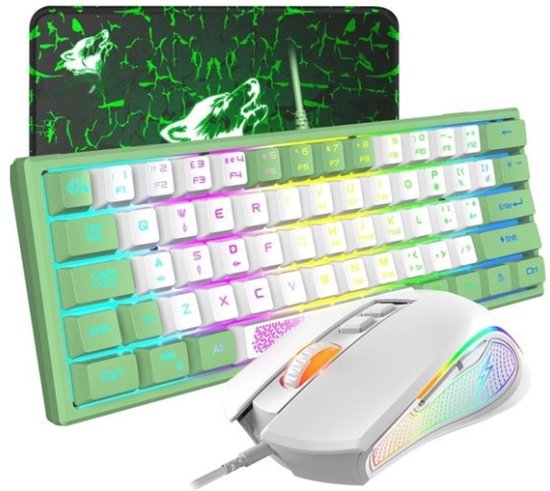 StayPowered Gaming Toetsenbord en Muis - Ultieme Controle voor Gamers - Mechanisch Aanvoelend - 3600 DPI - 7 Knoppen - Compact 60% Design - compact - Snel en Stabiel - met Muismat - Complete Set - Wit - Levering Sneller dan Aangegeven!