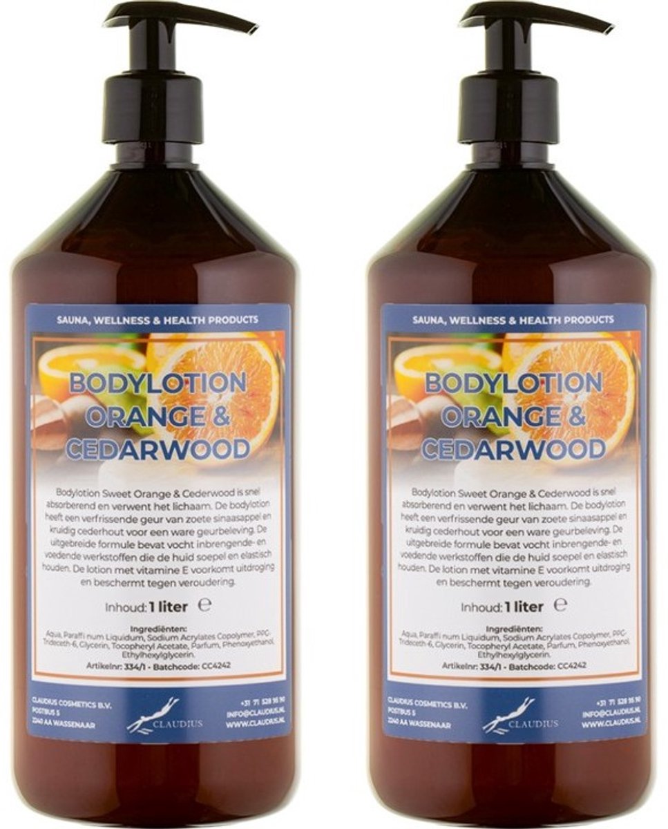 Bodylotion Sweet Orange & Cedarwood 1 Liter - met gratis pomp - set van 2 stuks