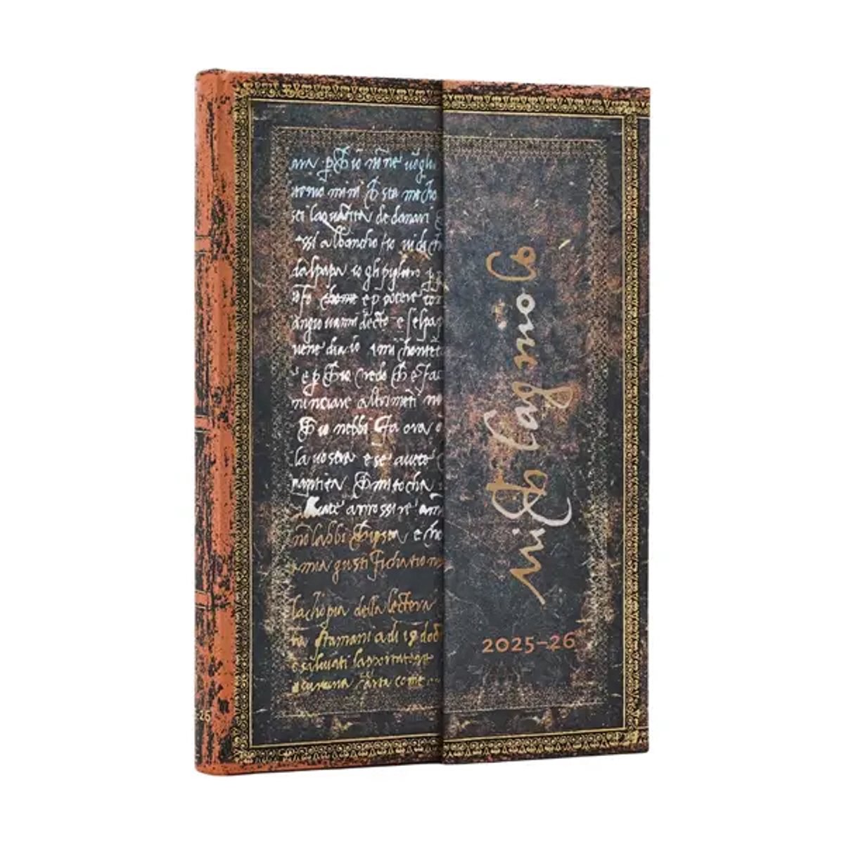 2026 Michelangelo Handwriting (embellished Manuscripts Collection) Mini 18-month Horizontal Hardcover Flexi Dayplanner 2025-2026 (wrap Closure)