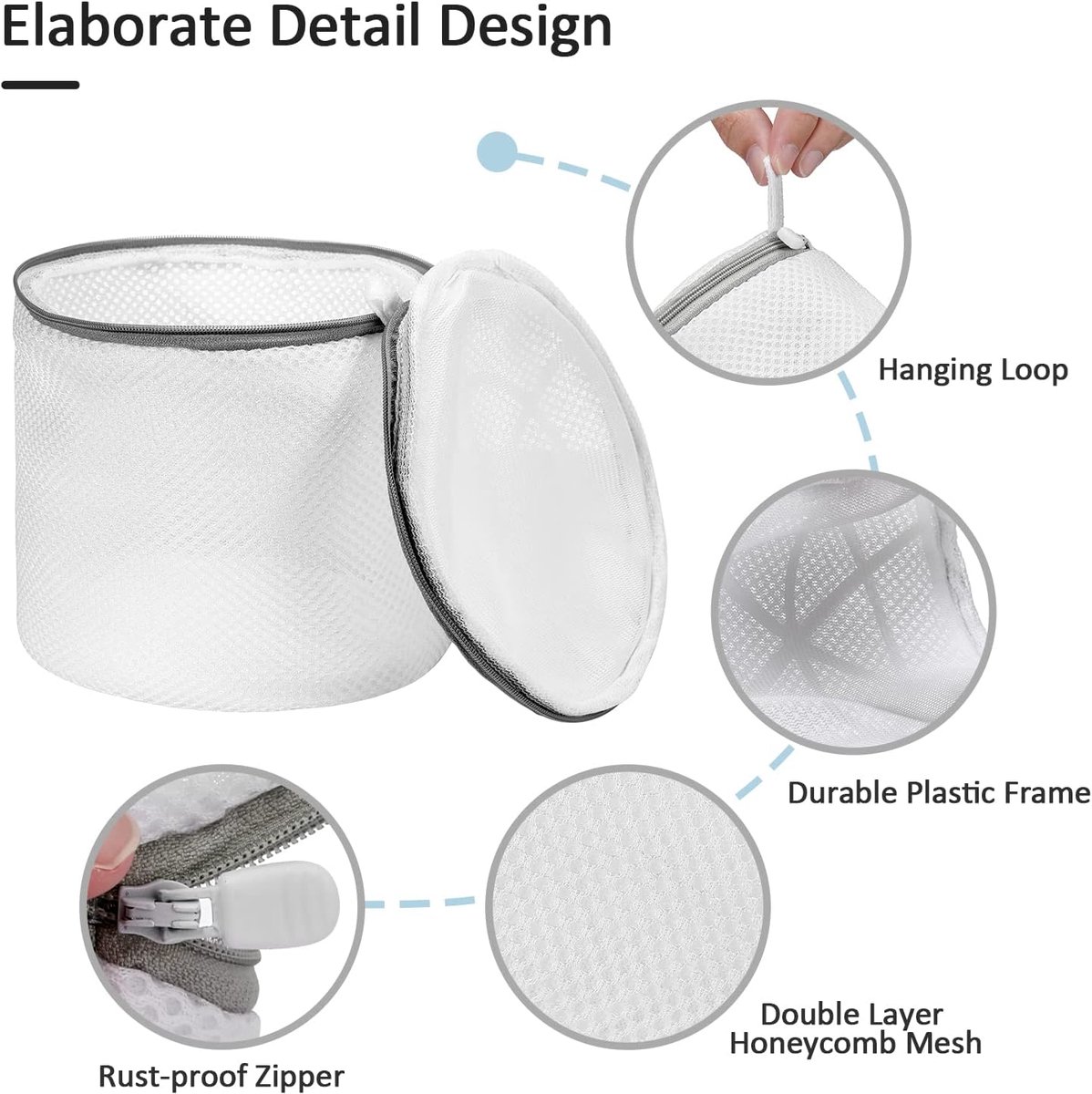 3 stuks - bh-waszakje - mesh waszakken - wasmachine zakken - voor delicate was - fijnmazige lingerie waszakken - ondergoed waszak met ritsen - voor intiem ondergoed - Cilindrische Ritsen Wasmachinetas - grijs - 15*17 cm — afbeelding 4