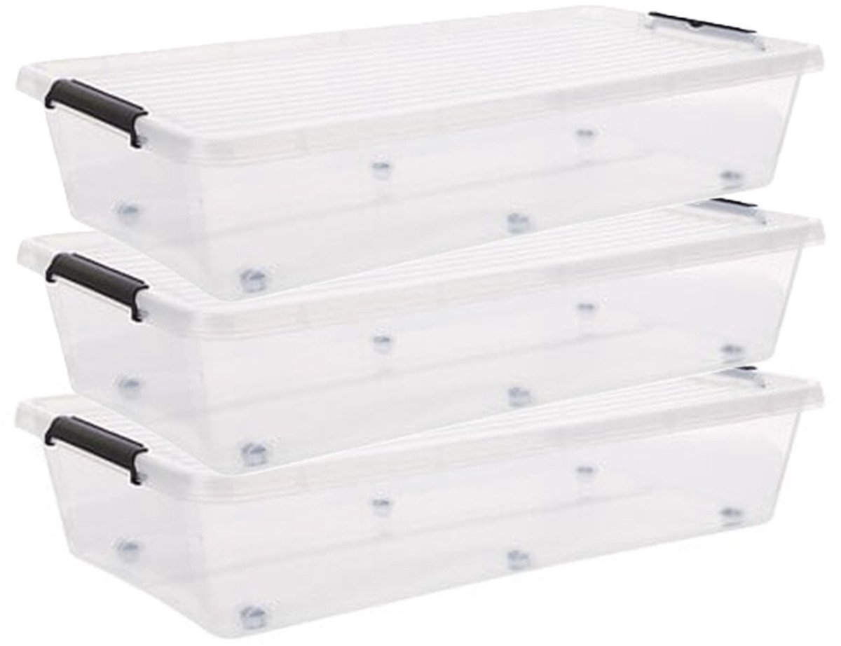 5Five® 5Five opberg kist met deksel - 3x - Clip Box - 35 liter - 76 x 39 x 16 cm - kunststof - transparant - met wielen